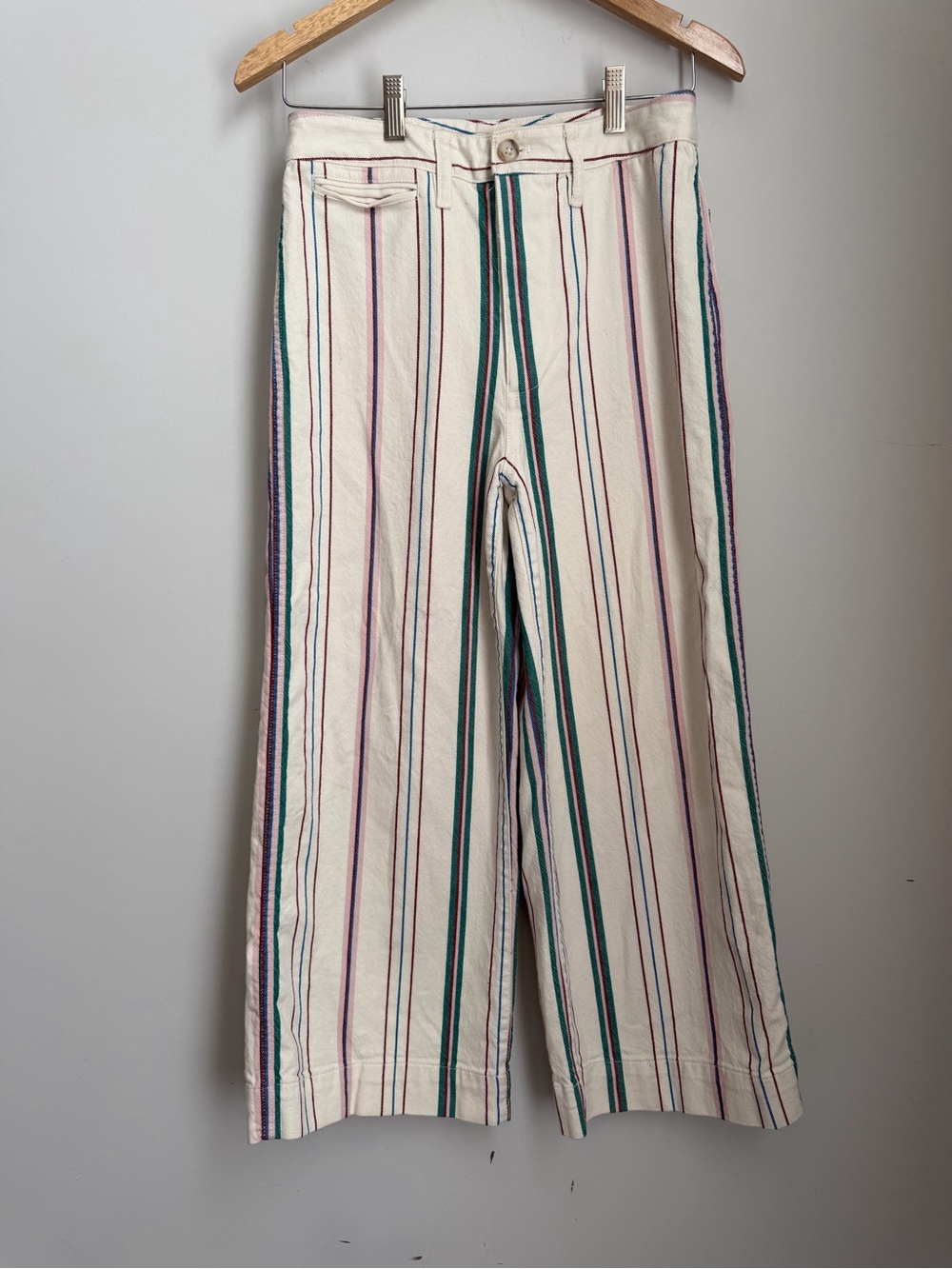Madewell Striped Wide Leg Crop Pants Size 28 Ivory Pink Teal High Rise Culotte - Picture 2 of 10